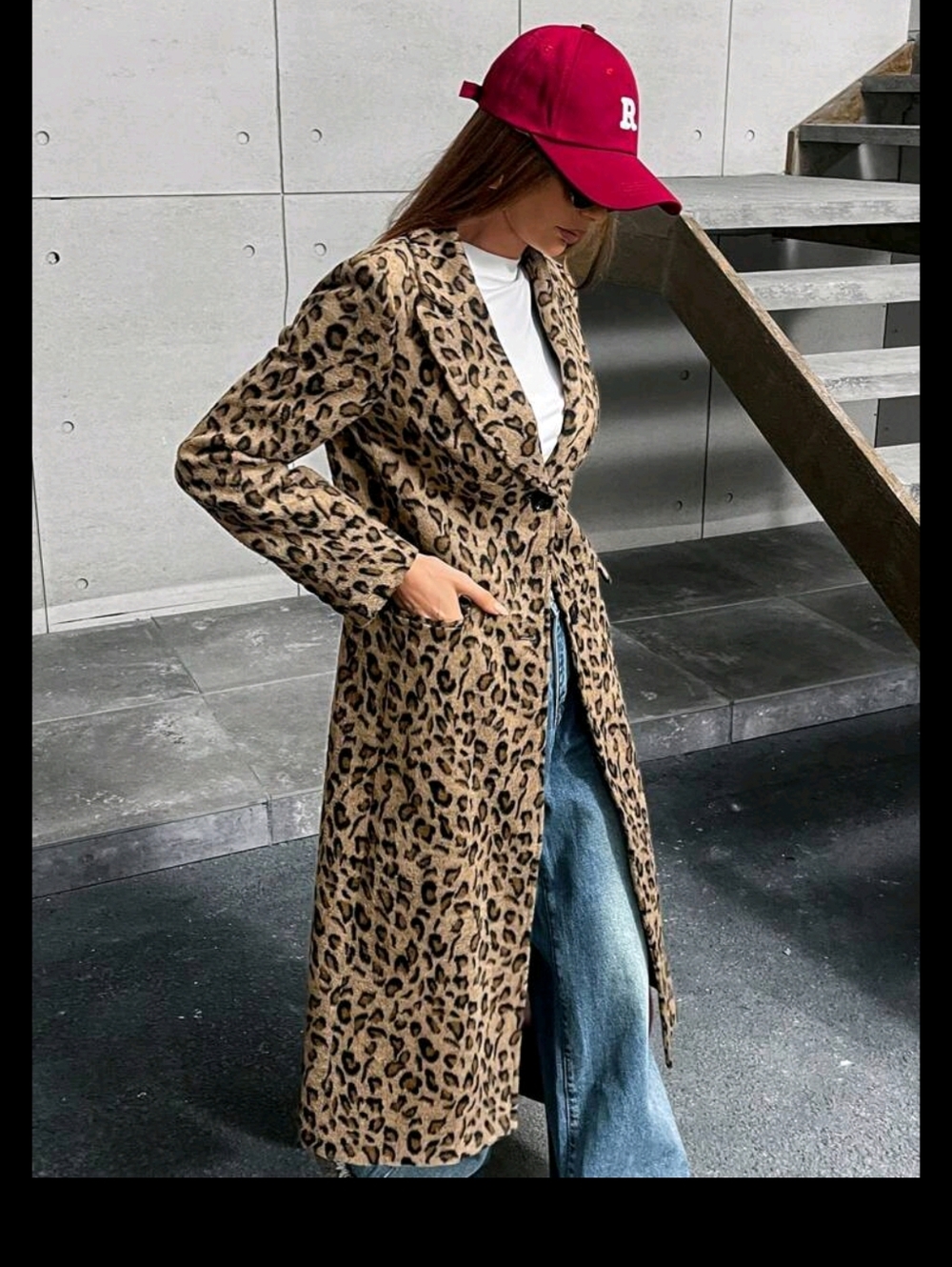 Leopard Print Long Trench Coat - Brown & Black - Picture 3 of 8